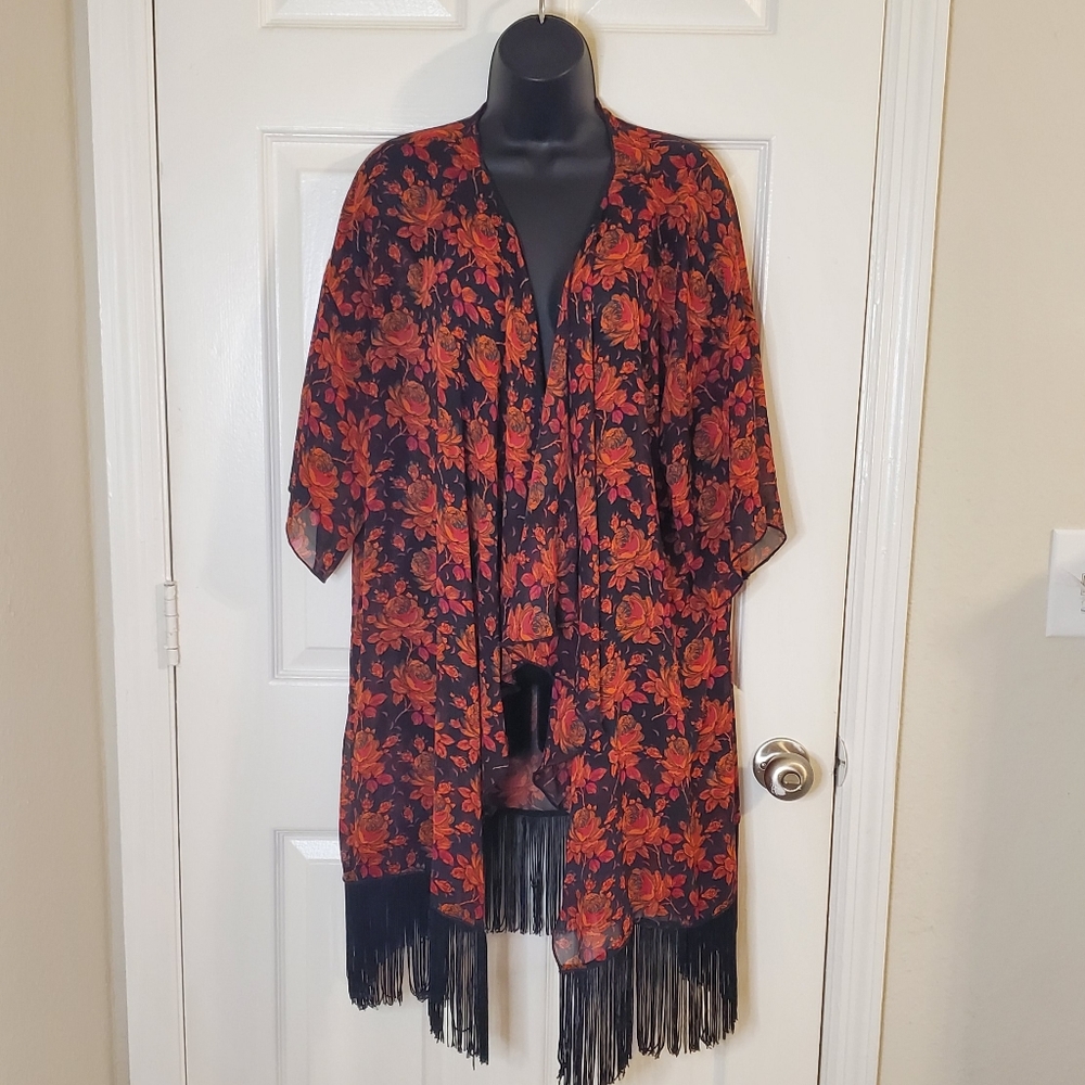 LuLaRoe Monroe Floral Fringe Kimono L